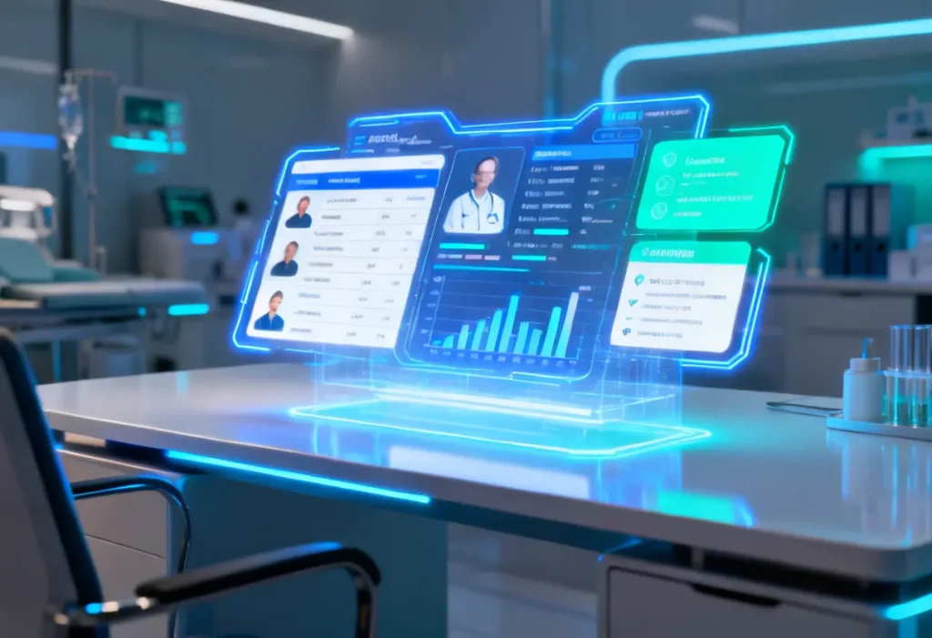 Futuristic AI healthcare dashboard showing a virtual assistant managing patient records, appointments, and follow-ups with digital screens, holographic data, and automated medical workflows in a modern hospital setting.