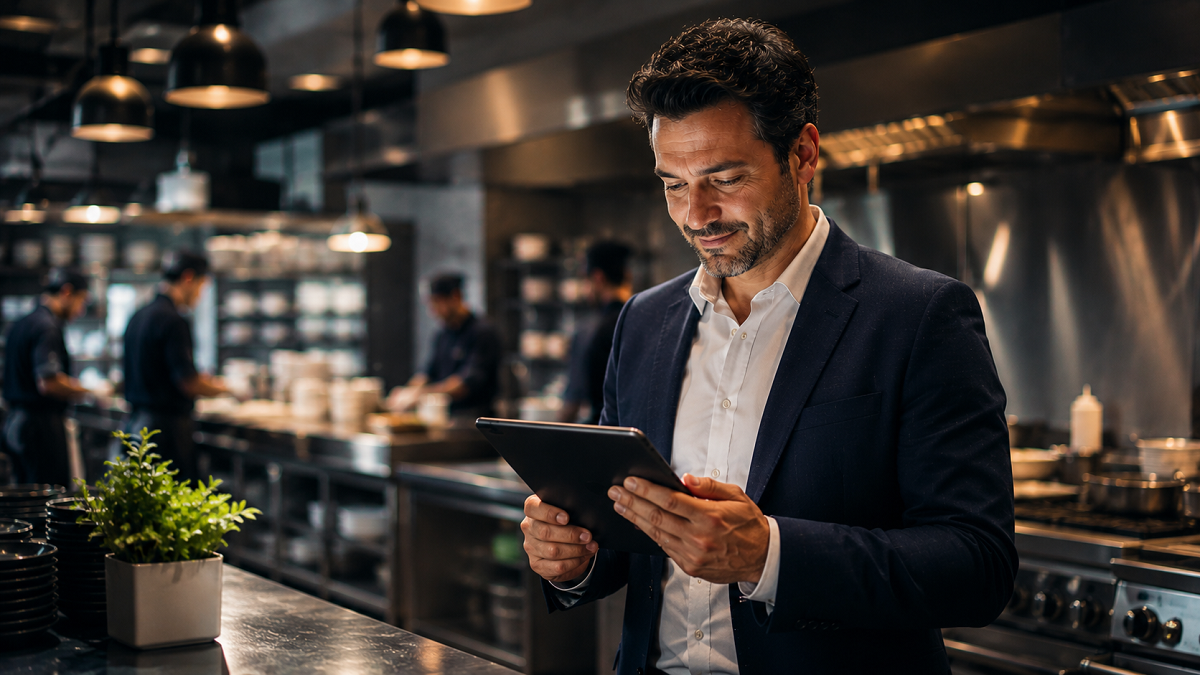 Restaurant manager reviewing payroll reports on a tablet in a commercial kitchen