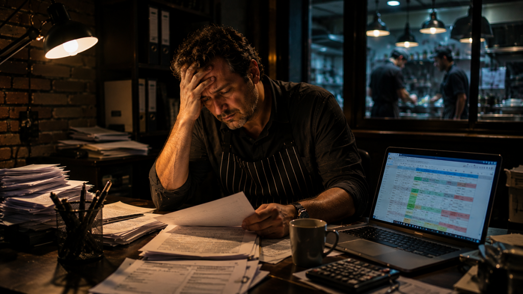 Restaurant owner at desk reviewing cost savings chart with outsourced virtual assistant handling phone and reservation management remotely