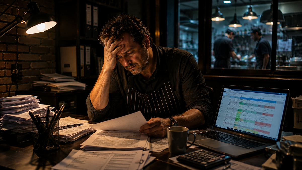 Restaurant owner at desk reviewing cost savings chart with outsourced virtual assistant handling phone and reservation management remotely