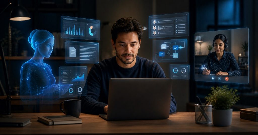 A professional remote AI intern working on a laptop with AI dashboards, data analysis charts, and SaaS tools on screen, representing affordable outsourced AI talent for SaaS businesses in 2026