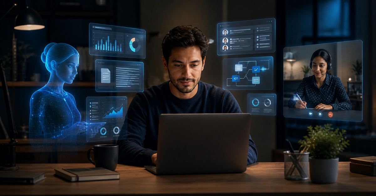 A professional remote AI intern working on a laptop with AI dashboards, data analysis charts, and SaaS tools on screen, representing affordable outsourced AI talent for SaaS businesses in 2026