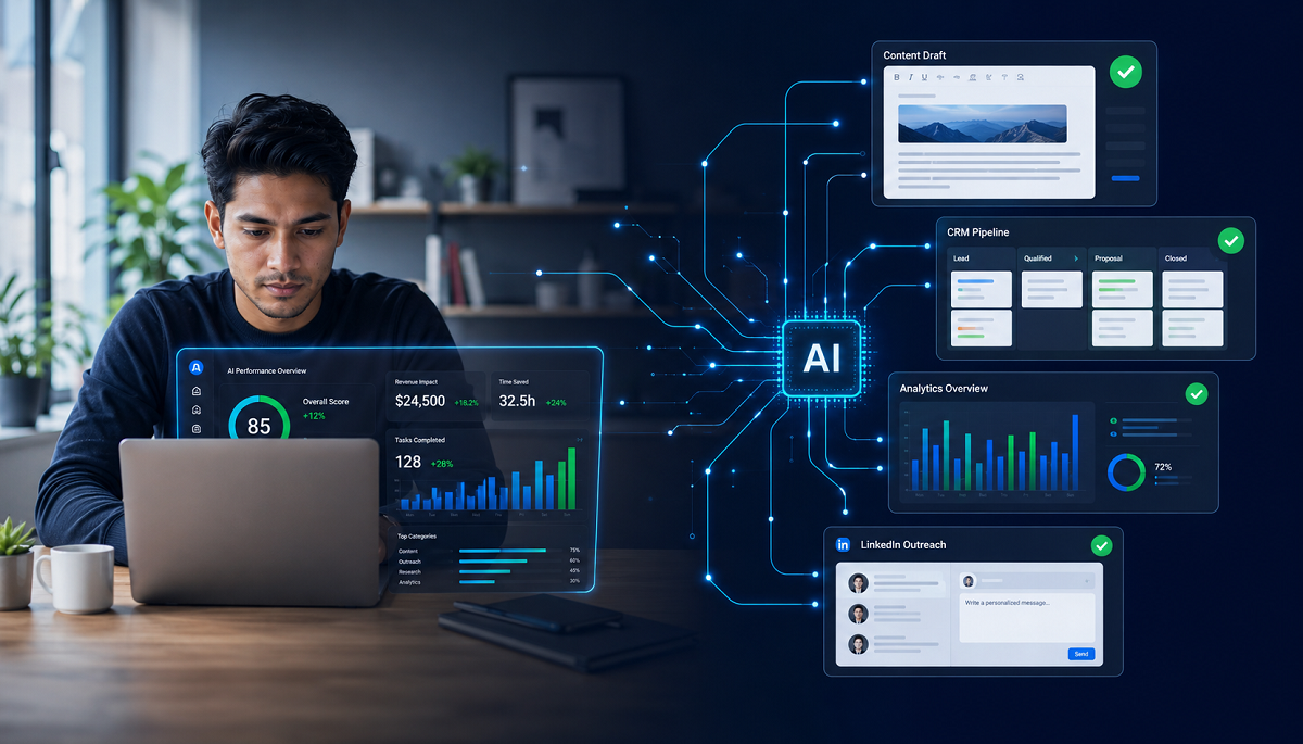 A professional remote AI intern working on a laptop with AI dashboards, data analysis charts, and SaaS tools on screen, representing affordable outsourced AI talent for SaaS businesses in 2026.