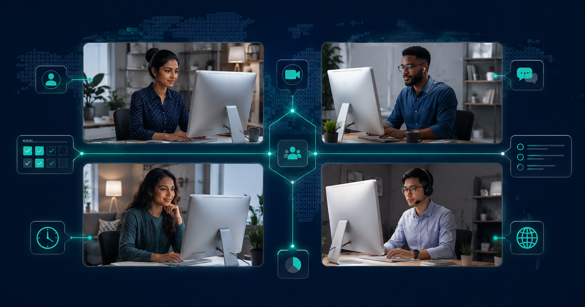 A distributed remote team collaborating across multiple screens and time zones, representing modern global remote team management in 2026