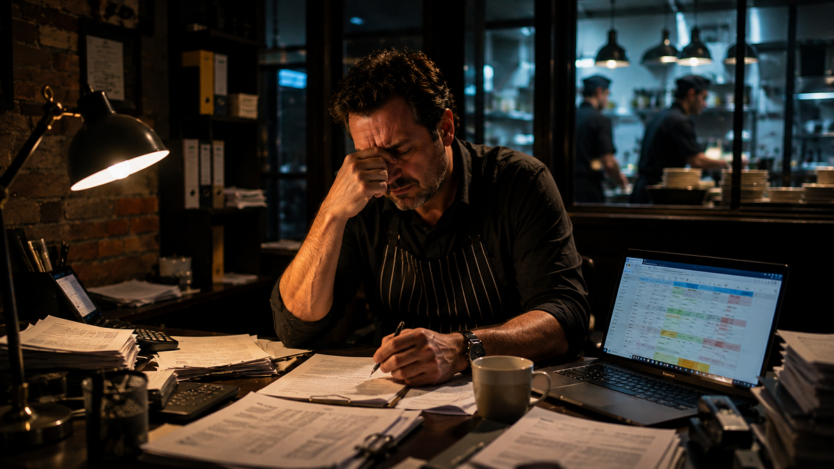 Restaurant manager reviewing HR paperwork at a desk — overwhelmed by staffing, compliance, and payroll admin in 2026