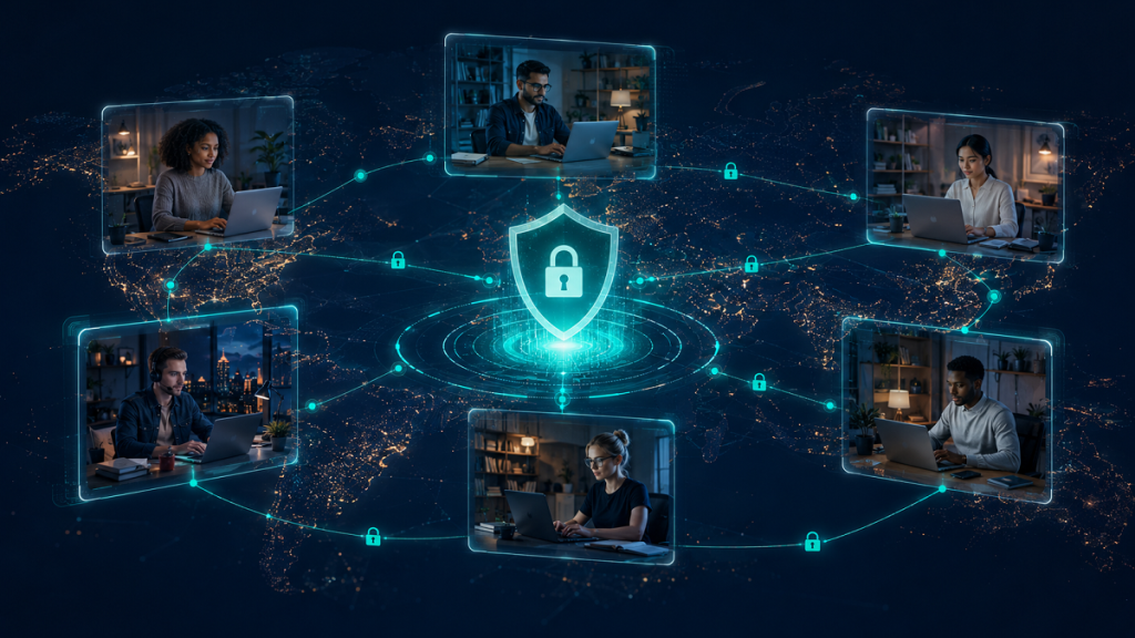 Cybersecurity best practices for remote teams in 2026, a distributed global team protected by zero trust security and AI-powered threat detection
