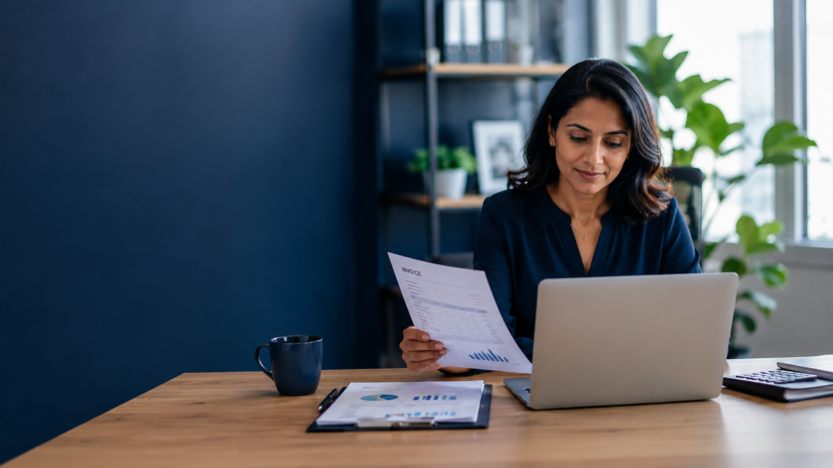 Finance professional reviewing invoices on a laptop, representing outsourced invoice processing services