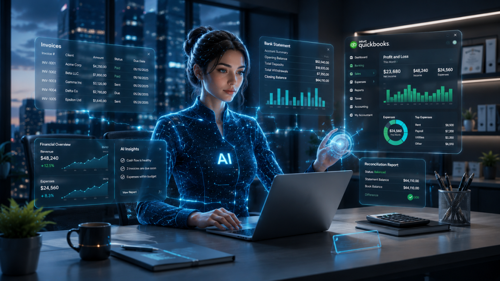 AI intern for bookkeeping working on financial documents and accounting software, representing cost savings for finance and accounting firms