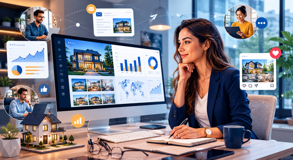 Real estate agent reviewing digital marketing strategy with remote team on laptop, outsourcing in 2026