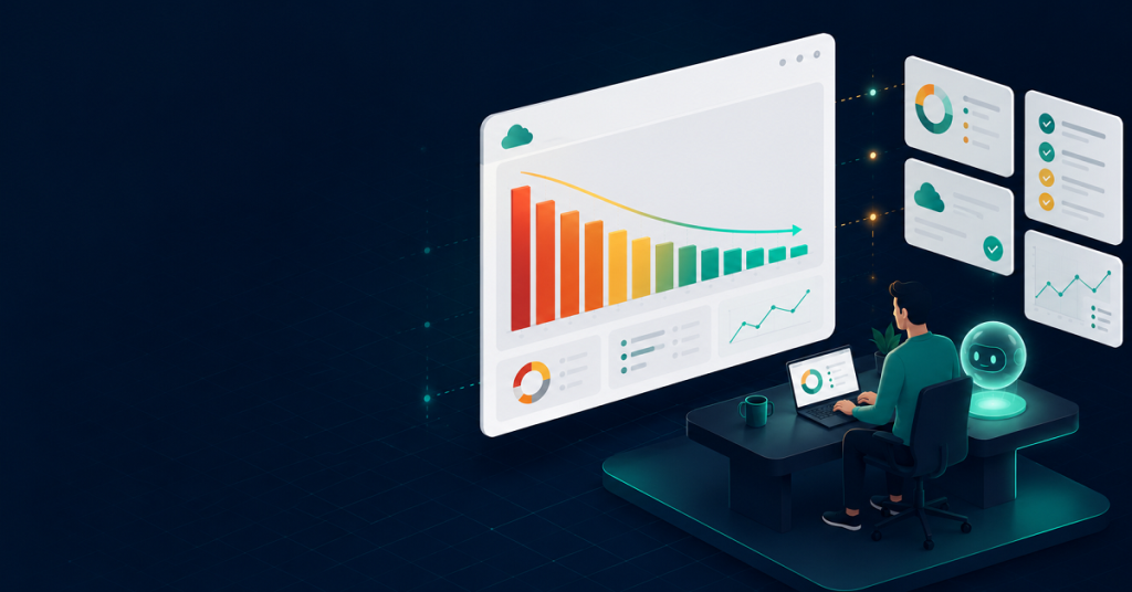 AI-augmented FinOps team reviewing a cloud cost optimization dashboard for an SMB client in 2026