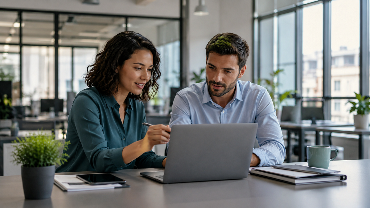 Small business team reviewing outsourced contract management workflow on laptop in modern office