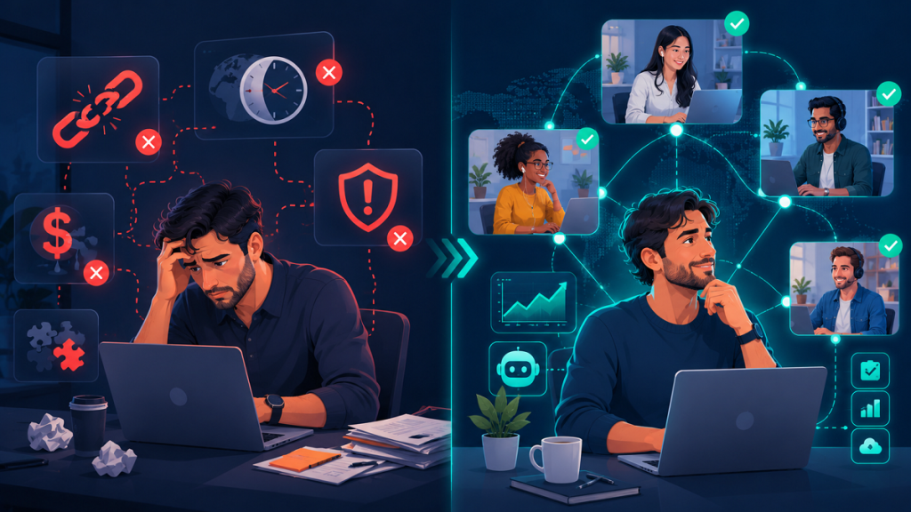 Illustration showing common outsourcing problems in the SaaS industry including communication gaps, hidden costs, and security risks with solutions