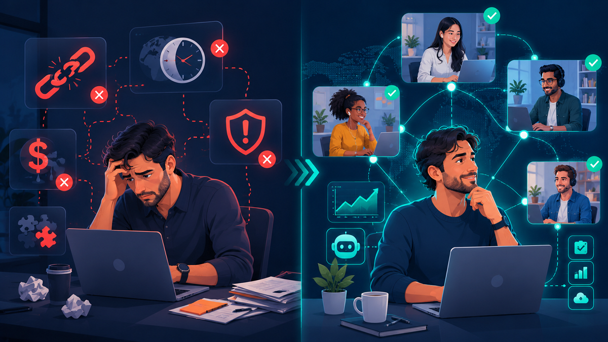 Illustration showing common outsourcing problems in the SaaS industry including communication gaps, hidden costs, and security risks with solutions