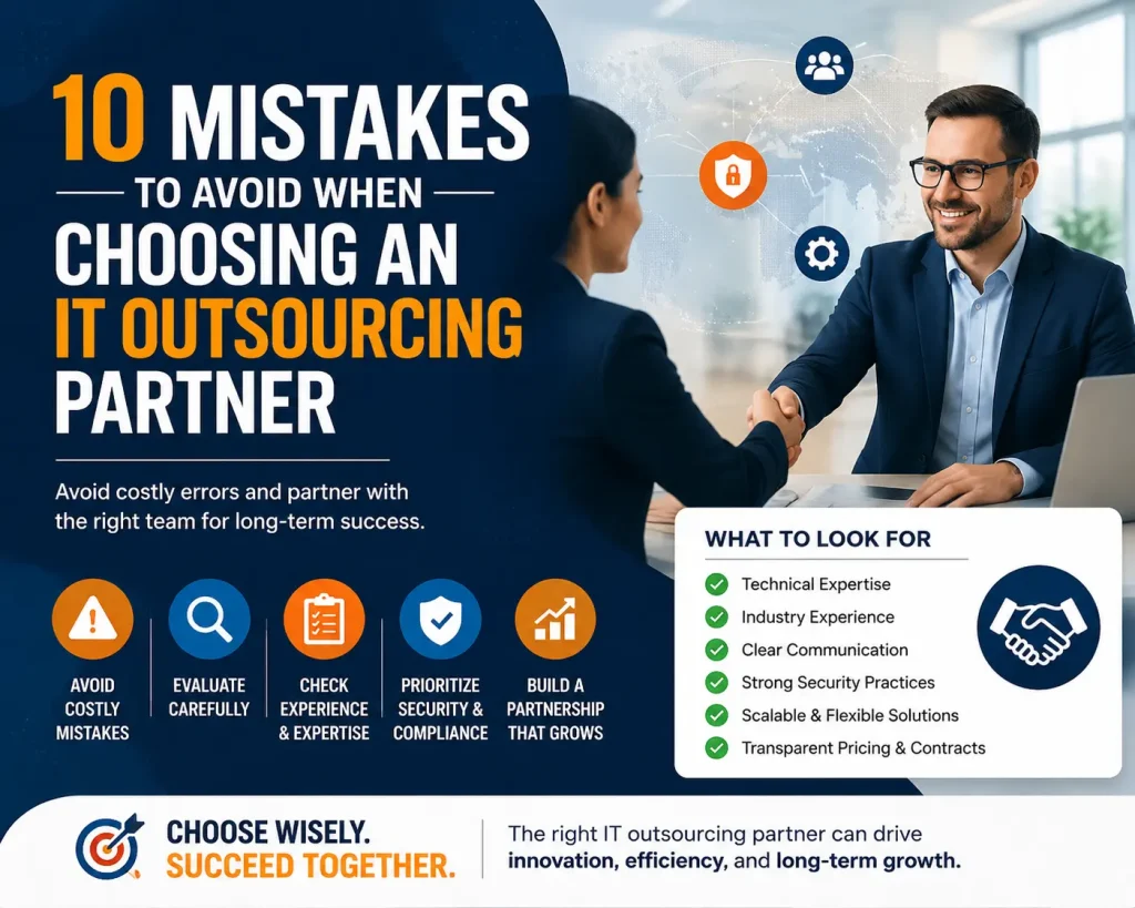 10 Mistakes to Avoid When Choosing an IT Outsourcing Partner infographic showing a business handshake, IT security icons, and a checklist of key outsourcing evaluation criteria including technical expertise, communication, security, scalability, and transparent pricing.