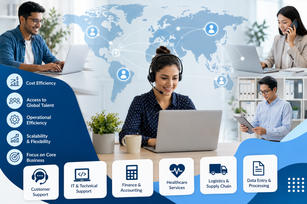 Business professionals collaborating with digital dashboards representing Business Process Outsourcing (BPO), global team scaling, AI automation, and remote workforce management.