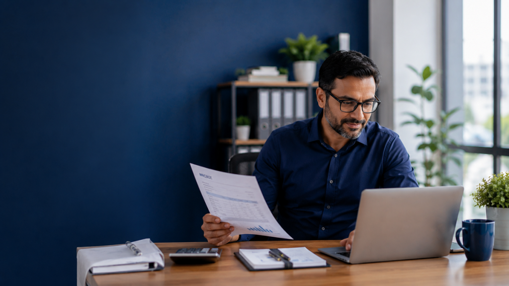Finance professional reviewing invoices on a laptop, representing outsourced invoice processing services